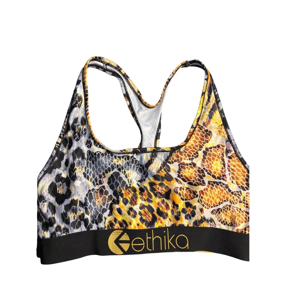 Ethika Womens Animal Print Racerback Sports Bra Multicolor Gold Black XL‎